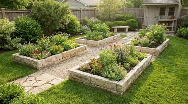 Rectangular stone garden beds with connecting paths