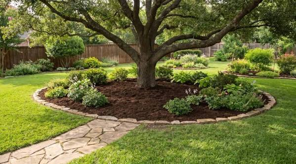 Low natural stone border around a mature tree and garden