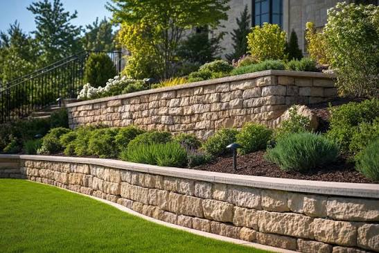 Two levels of stone retaining walls bordering a landscaped lawn