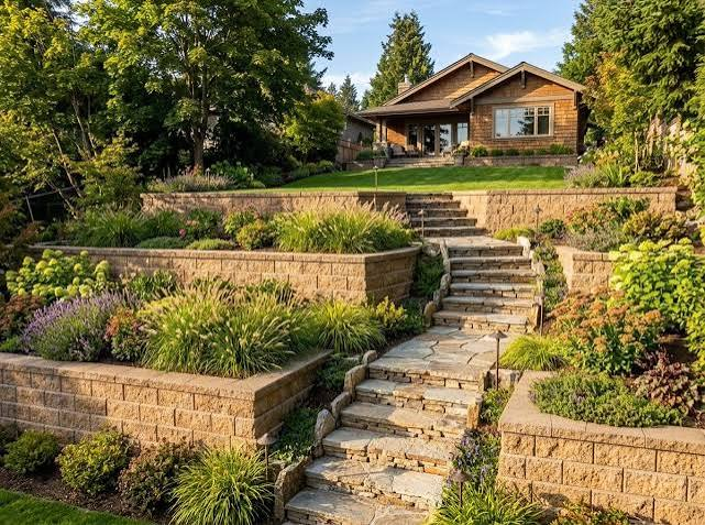 Terraced retaining walls with central stone stairs and planted garden beds