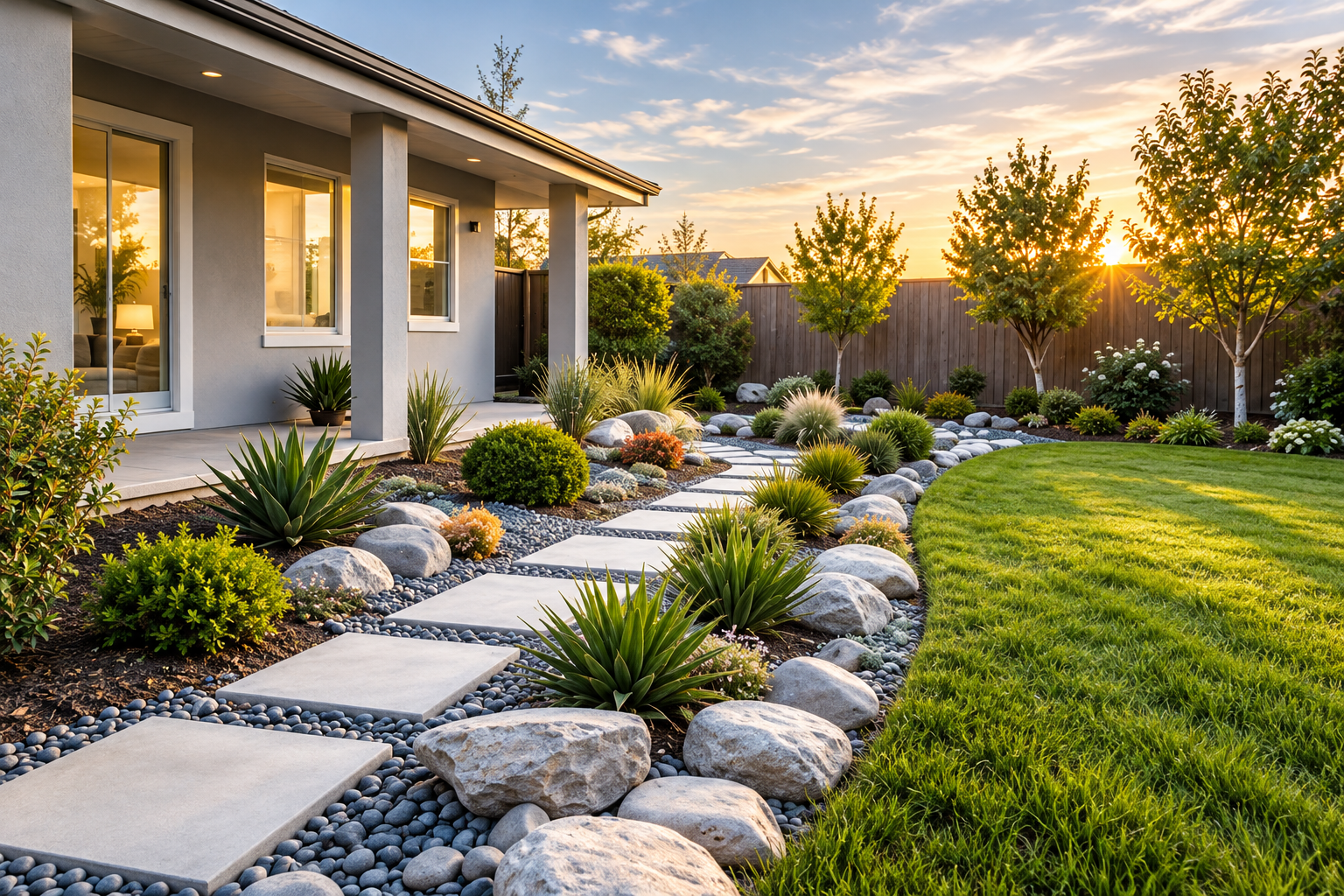 Garden path beside a home with river rocks, large stone borders, and plants