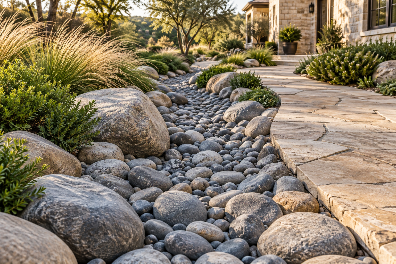 River rock garden and stone walkway inspiration