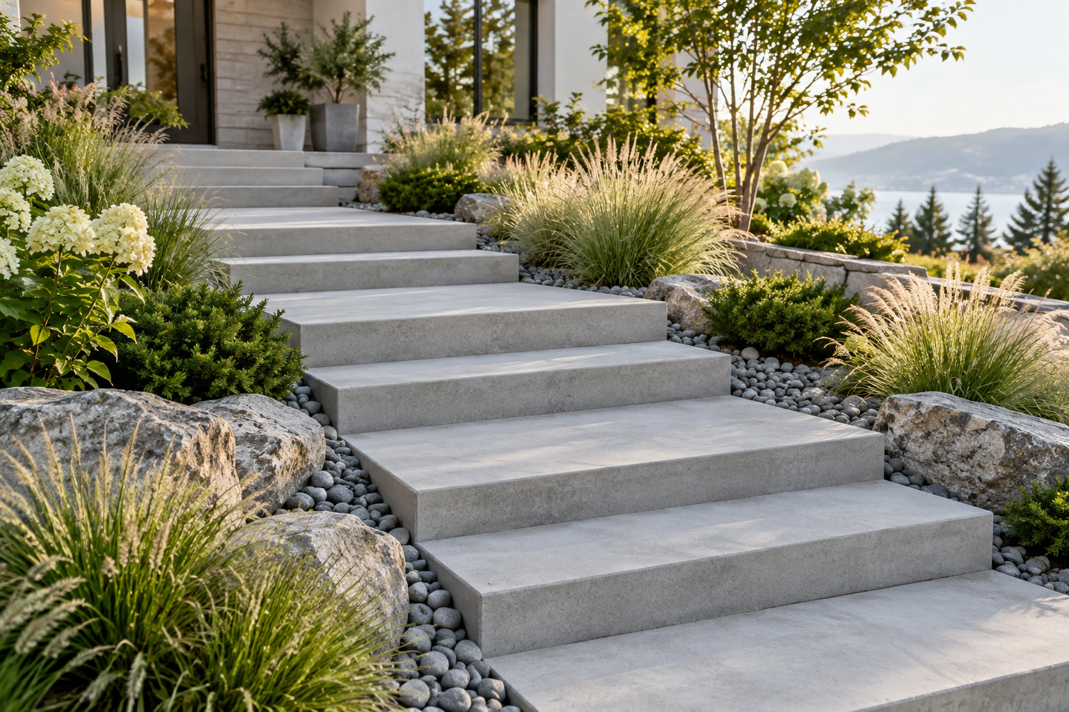 Concrete steps with stone edging and ornamental plants