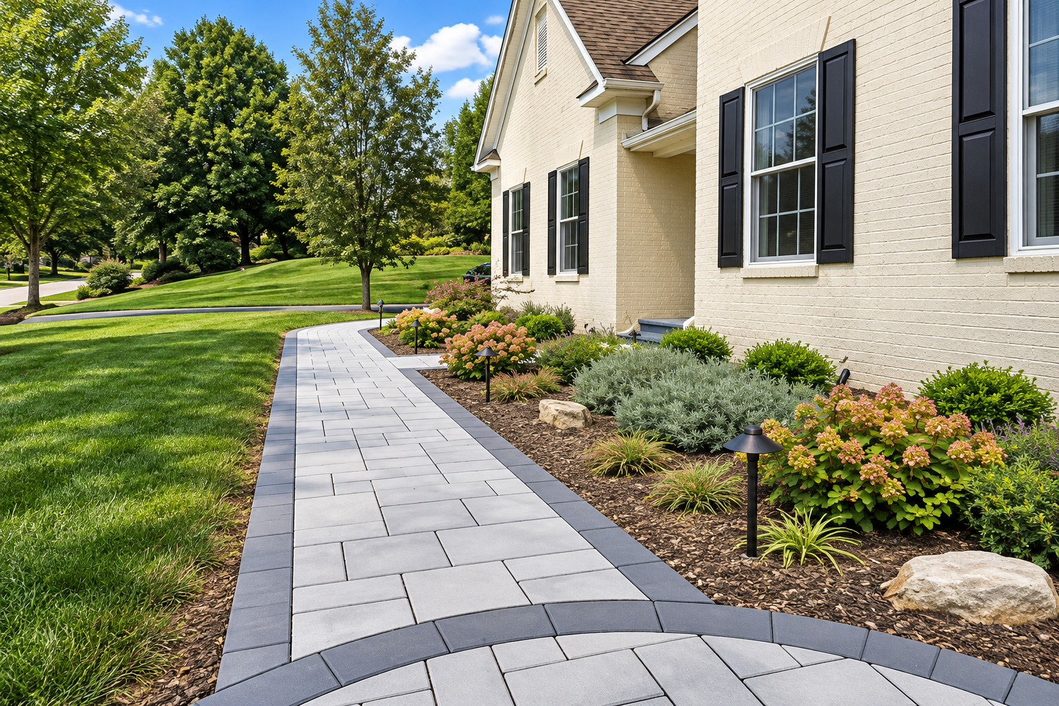 Paver path leading alongside a home with landscaped garden beds